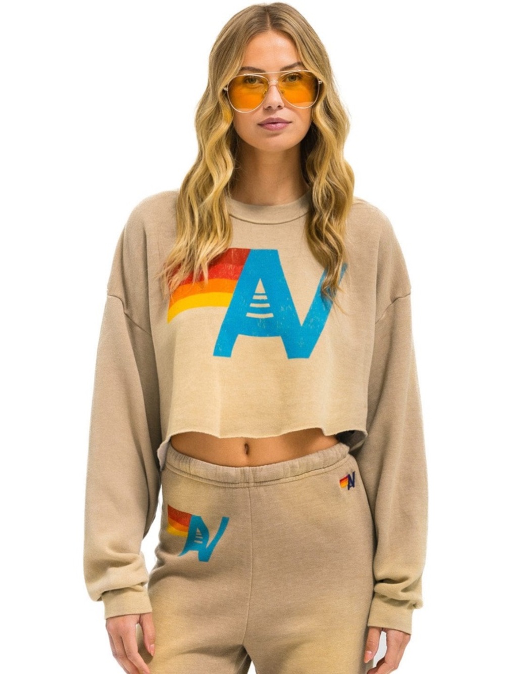 Aviator nation Retro Rainbow A Cropped Sweatshirt and Jogger Set - Beige